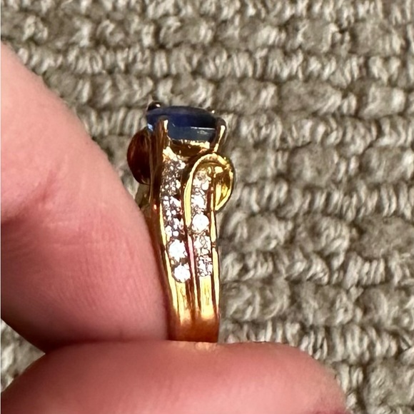 Ring 18k yellow gold 22 round diamonds and 1 oval Ceylon sapphire - Picture 7 of 12